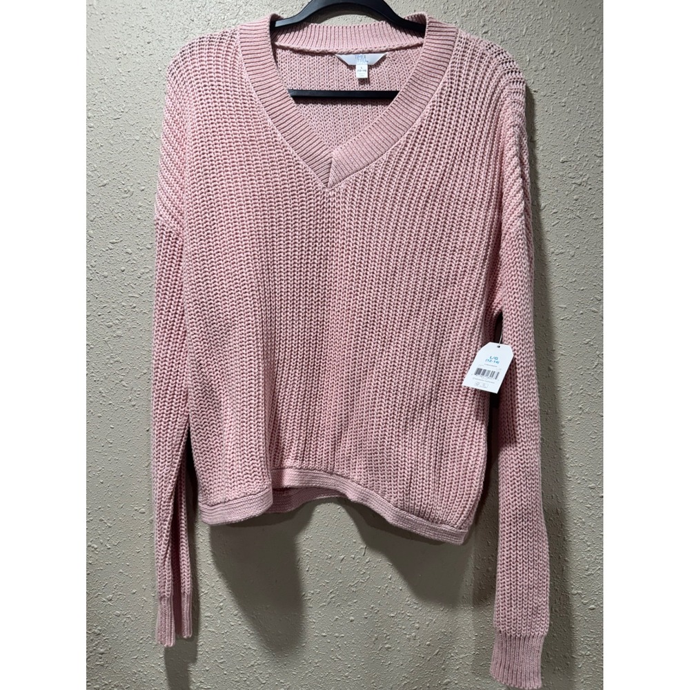Time and Tru Womens Pink Shaker Stitch V-Neck Pullover Sweater Size L 12-14 NWT